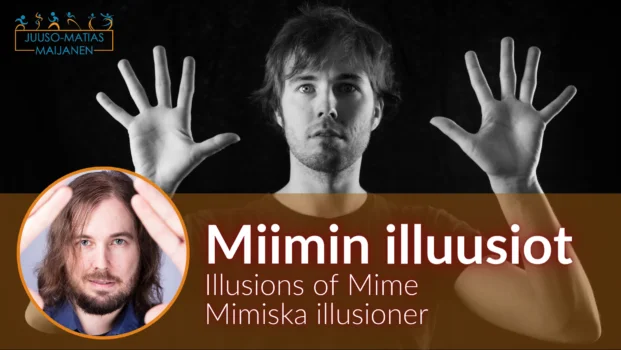 Juuso-Matias Maijanen Miimin illuusiot. Illusions of Mime. Mimiska illusioner. Oranssi tausta (symboloi koulutuskontekstia). Juuso-Matiaksen kasvokuva, muodostaa kolmion. Taustalla mustavalkoinen kuva seinäilluusiosta