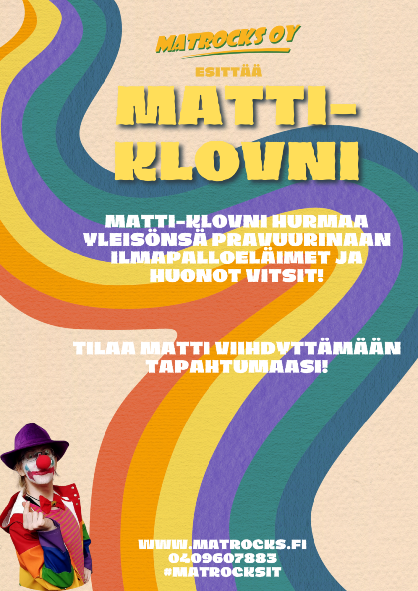 Matti-Klovni mainos juliste, jossa palvelun ja Matti-Klovnin lyhyt kuvaus