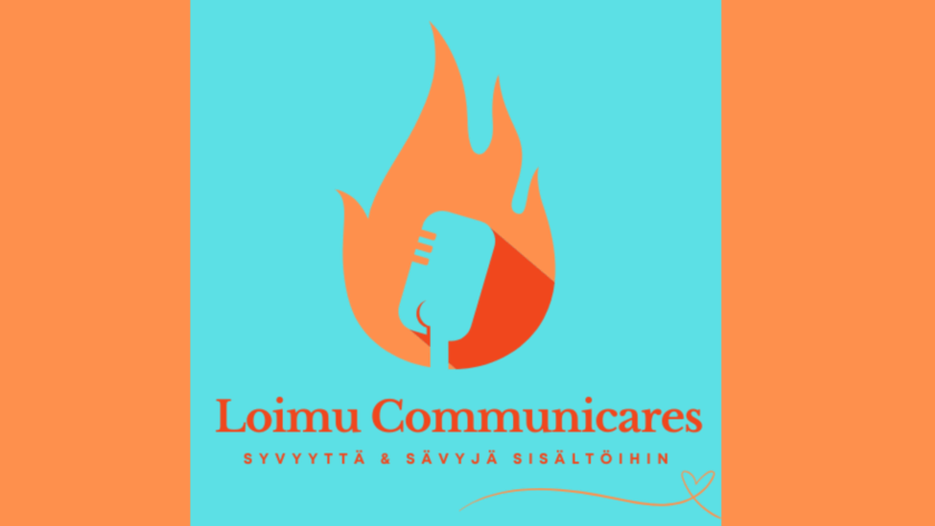 Logo, Loimu Communicares. Logon keskellä liekki ja mikrofoni. Alla slogan 