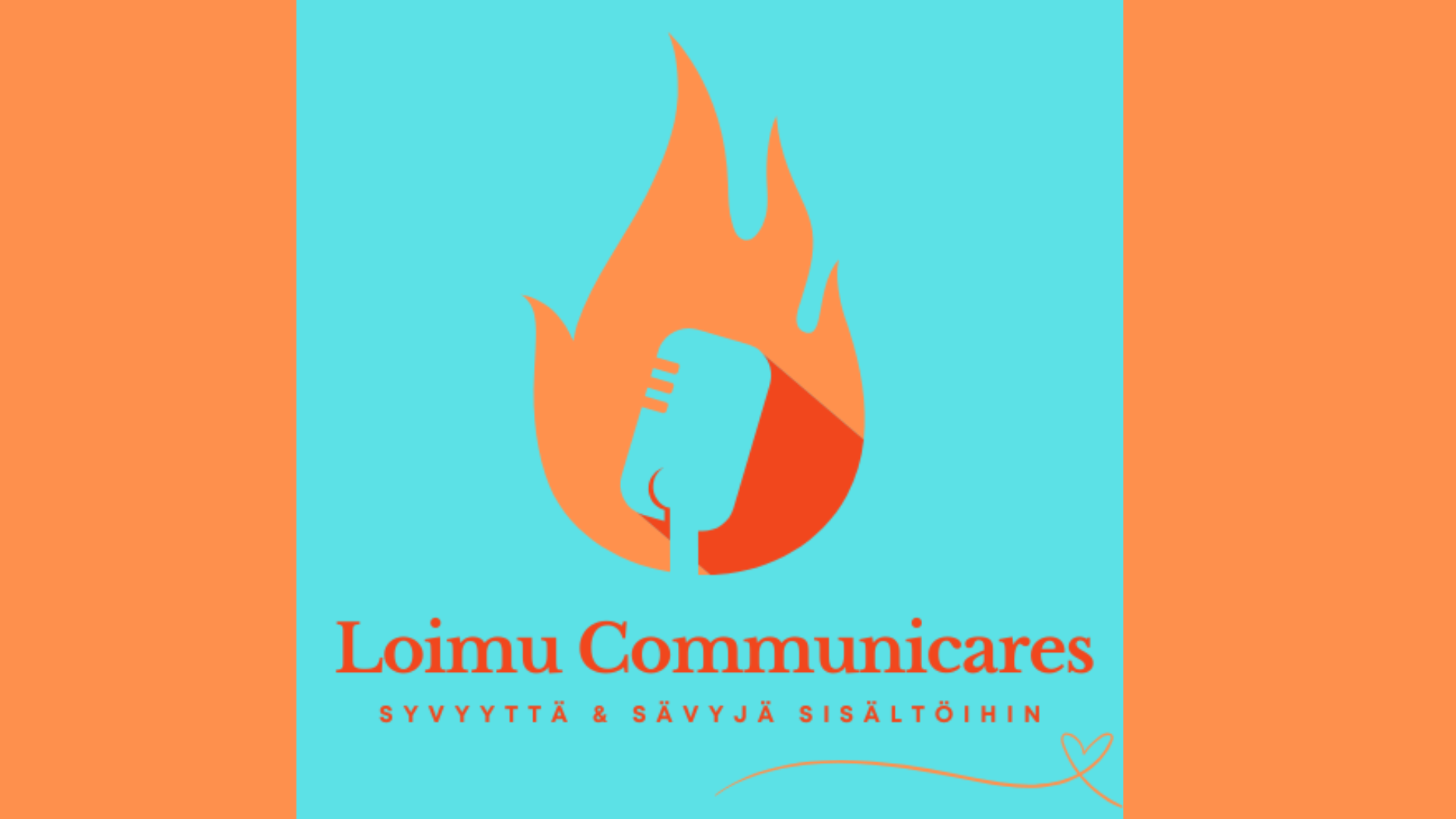 Logo, Loimu Communicares. Logon keskellä liekki ja mikrofoni. Alla slogan 