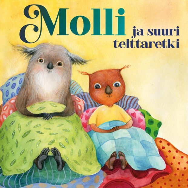 Kuvassa kaksi piirroshahmoa, Molli ja Sisu, istuvat tyynypinossa peitot jalkojen päällä. Taustalla keltainen seinä. Hahmojen yläpuolella lukee Molli ja suuri telttaretki.
