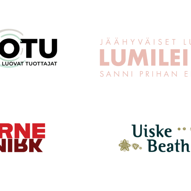 Kuvassa erilaisia värillisiä logoja tekstillä.