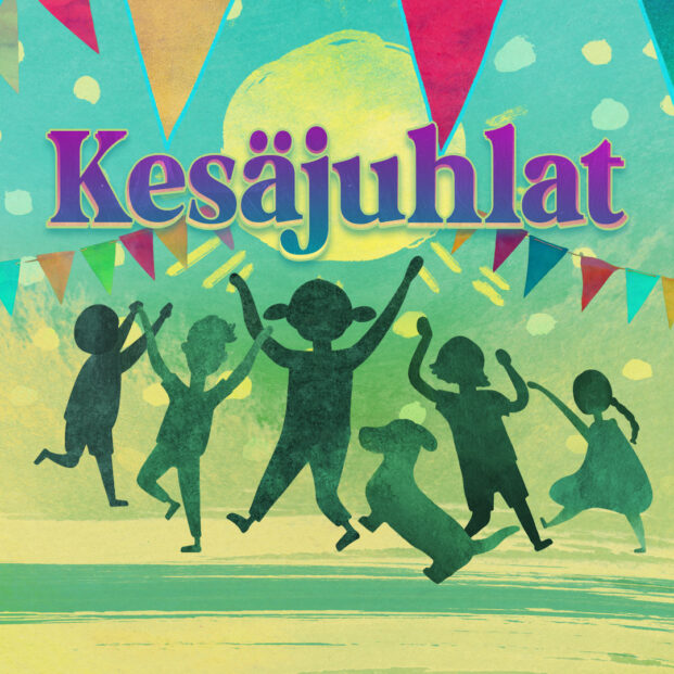 Piirretyssä kuvassa näkyy keltavihreää taustaa vasten lapsia ja Fea-koira tanssimassa. Kuvassa on värikkäitä viirejä ja keskellä kuvaa on aurinko, jonka päälle on kirjoitettu teksti ’Kesäjuhlat’.