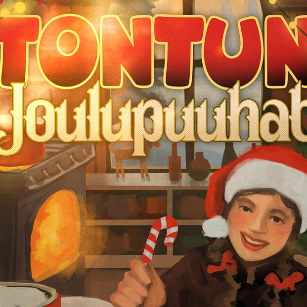 Piirroskuva, jonka yläosassa on jouluvaloja ja teksti Tontun joulupuuhat. Keskellä alhaalla on saparopäinen tonttu, jolla on kädessään joulukarkki. Hän on hirsimökin sisällä ja taustalla hehkuu kuuma uuni.