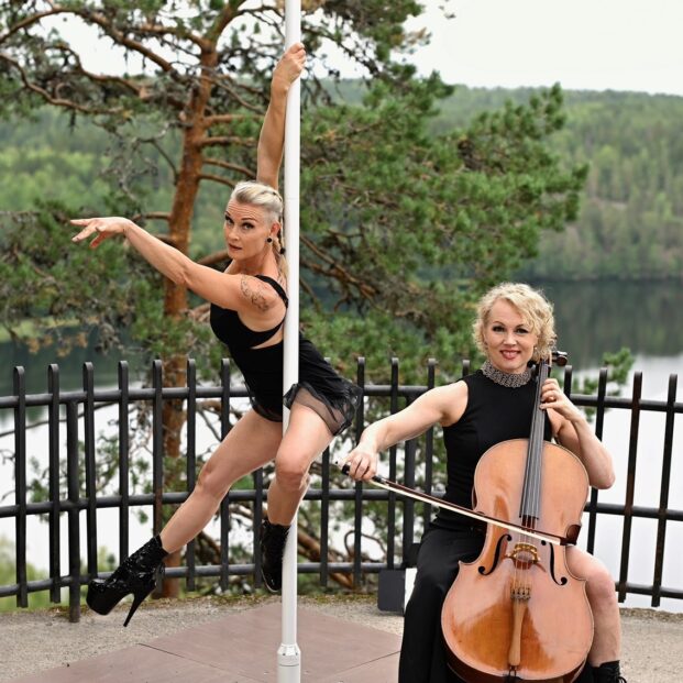 Tankoleidit suomalaisessa kulttuurimaisemassa, Hämeenlinnan Aulangon näköalatasanteella. Elina soittaa selloa, Tintti tanssii tangolla. Taustalla uljas mänty, näköalatasanteen kaunis musta metallikaide ja järvi, jonka takana siintää metsää.