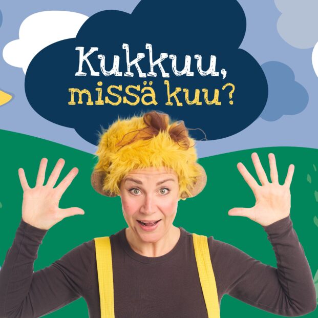 Kuvassa piirretty luontomaisema, puu, kuu ja pilviä. Keskellä peikoksi pukeutunut näyttelijä katsoo kameraan. Kämmenet on auki pään molemmilla sivuilla.