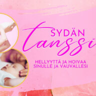 Äiti tanssi vauvan kanssa. Äiti silittää vauvaansa. Kuvassa otsikko: Sydäntanssi hellii ja hoivaa teitä molempia