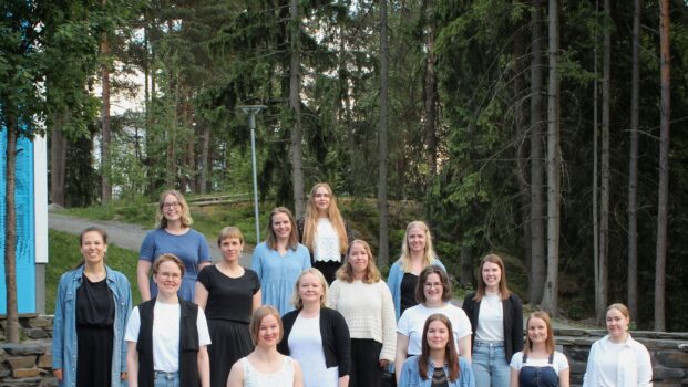 Ryhmäkuva Aukea Ensemblen laulajista ulkona portailla.