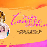 Nainen tanssii hymyillen. Kuvassa on otsikko: Sydäntanssipajat - vapaudu ja voimaannu luovuuden avulla