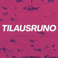 Keskellä valkoinen tilausruno-teksti, jonka taustalla suttuista mustekirjoitusta viivoitetulla paperilla, joka on värjätty punaiseksi.